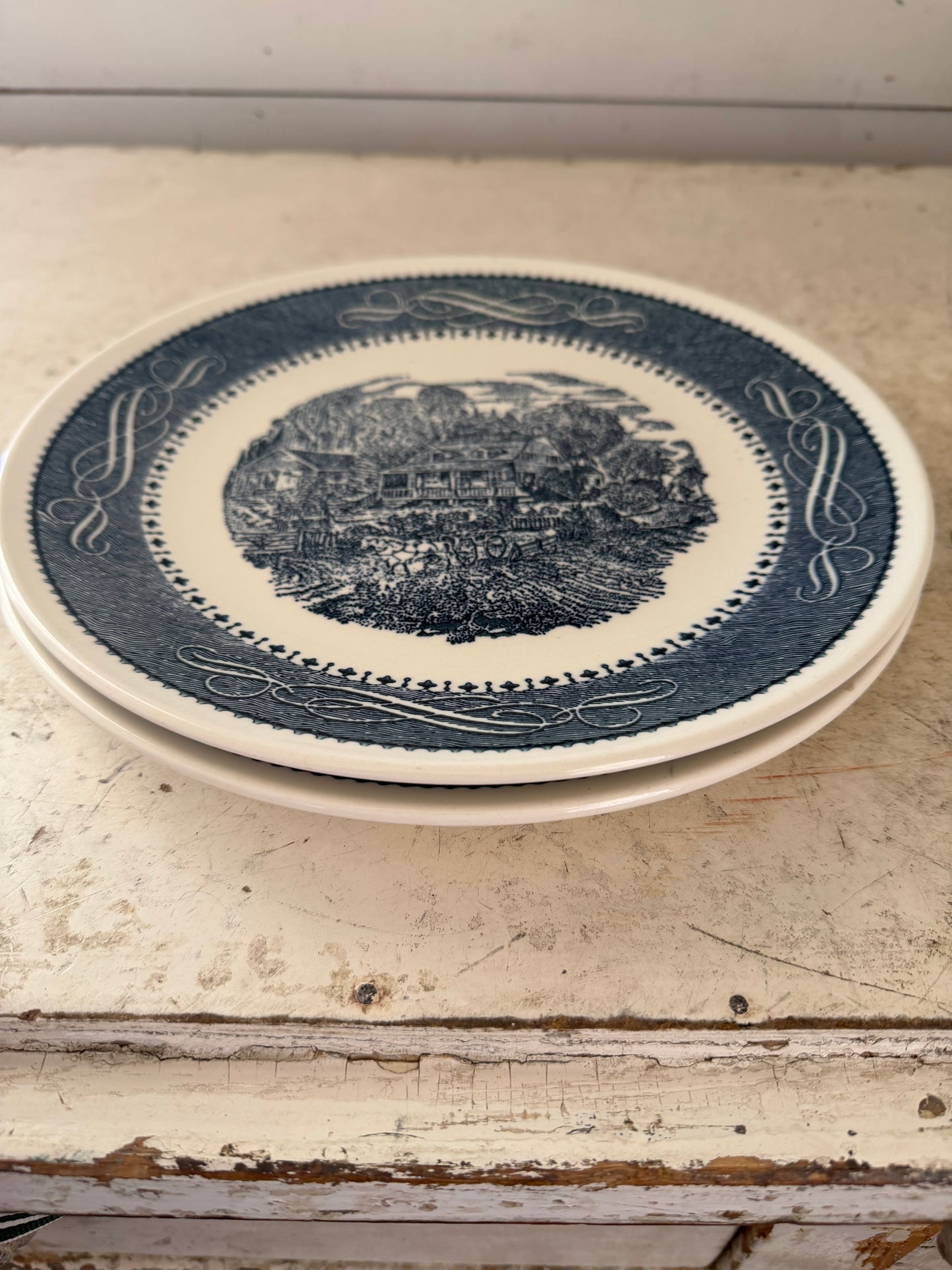 Courier and Ives ironstone blue transfer ware 11” plate sold individually ￼