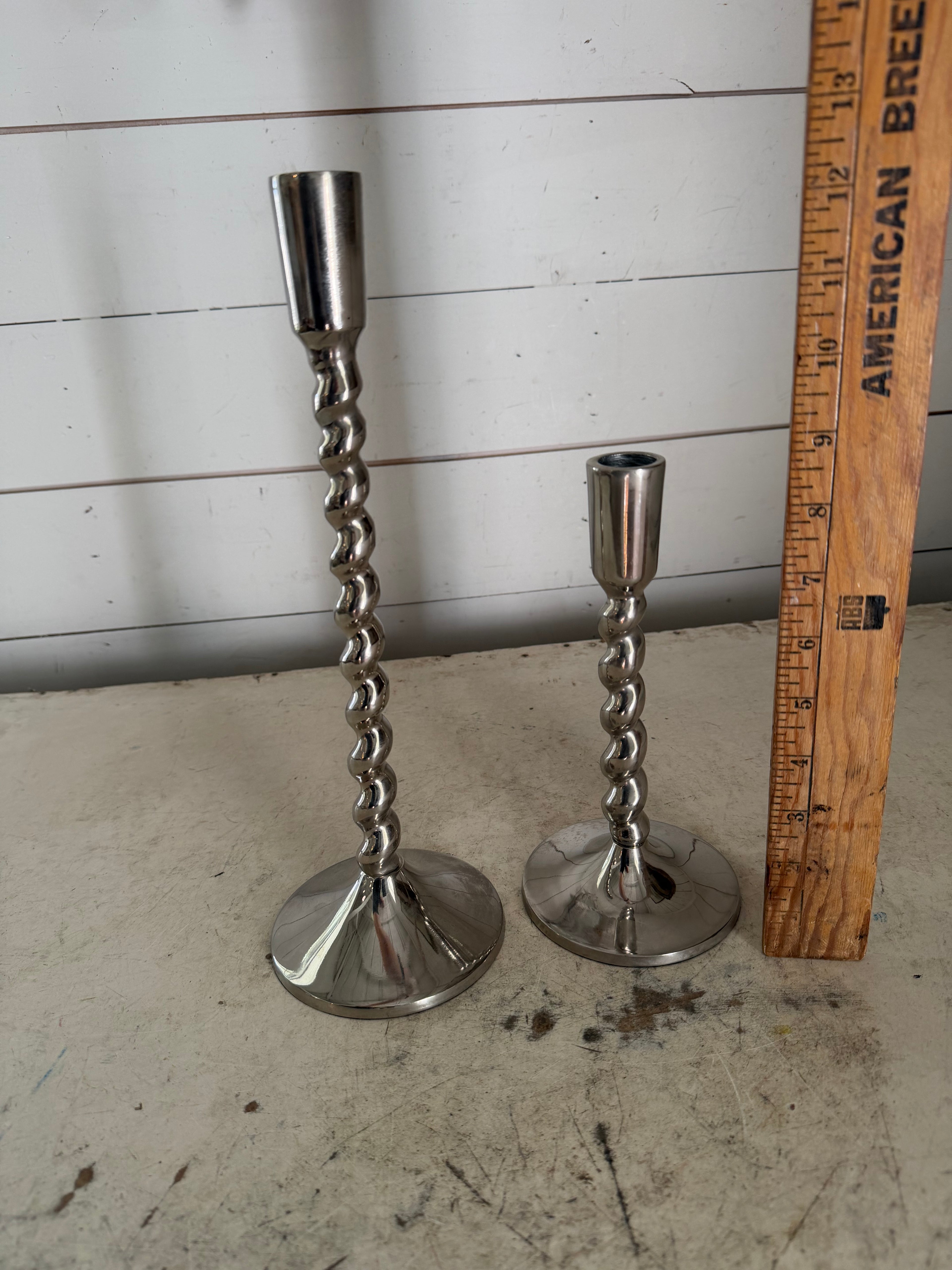 Tarnished Twisted Metal Candlestick Pair