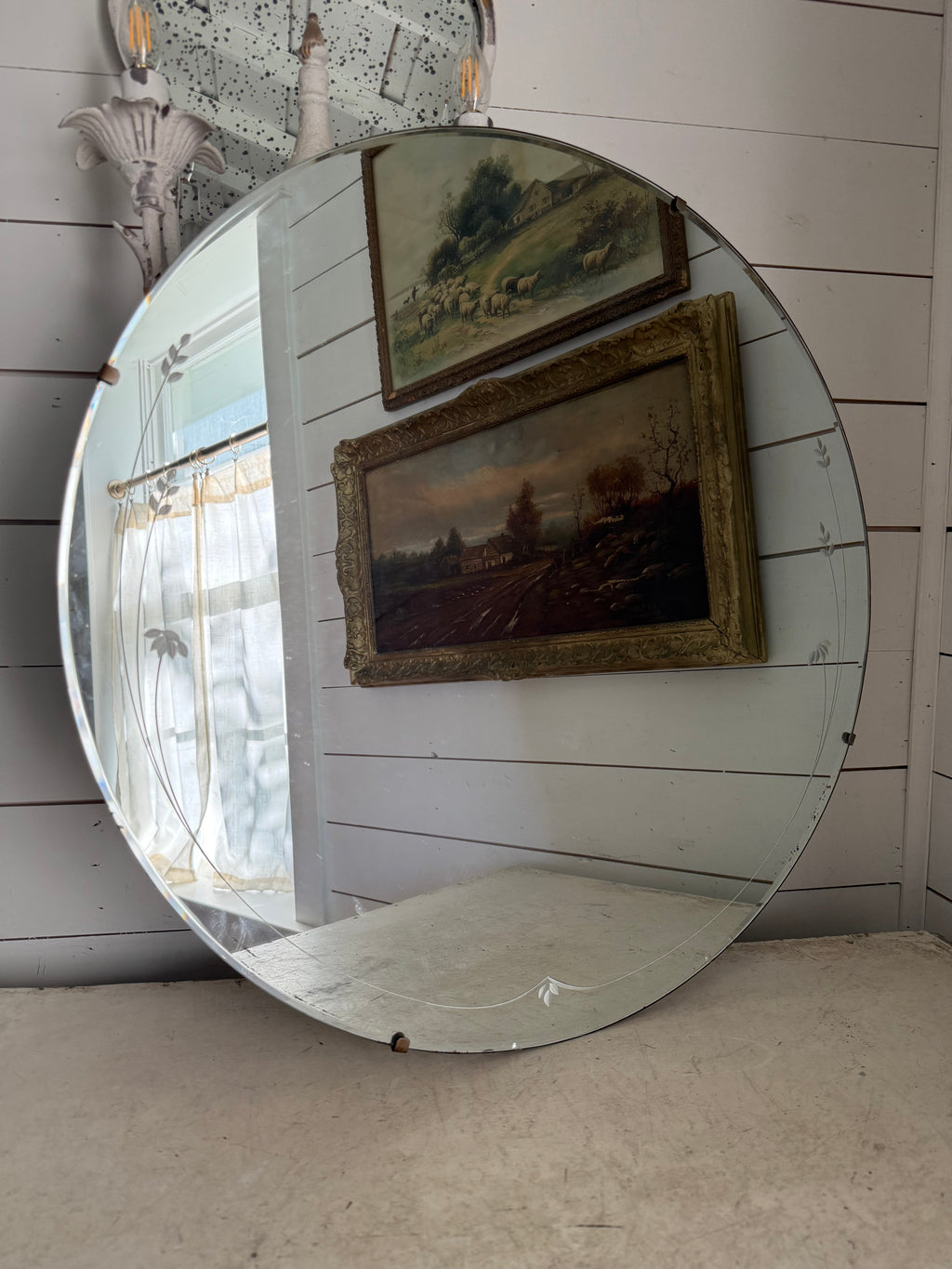 Large Vintage Mid Century Mirror with Floral Etching