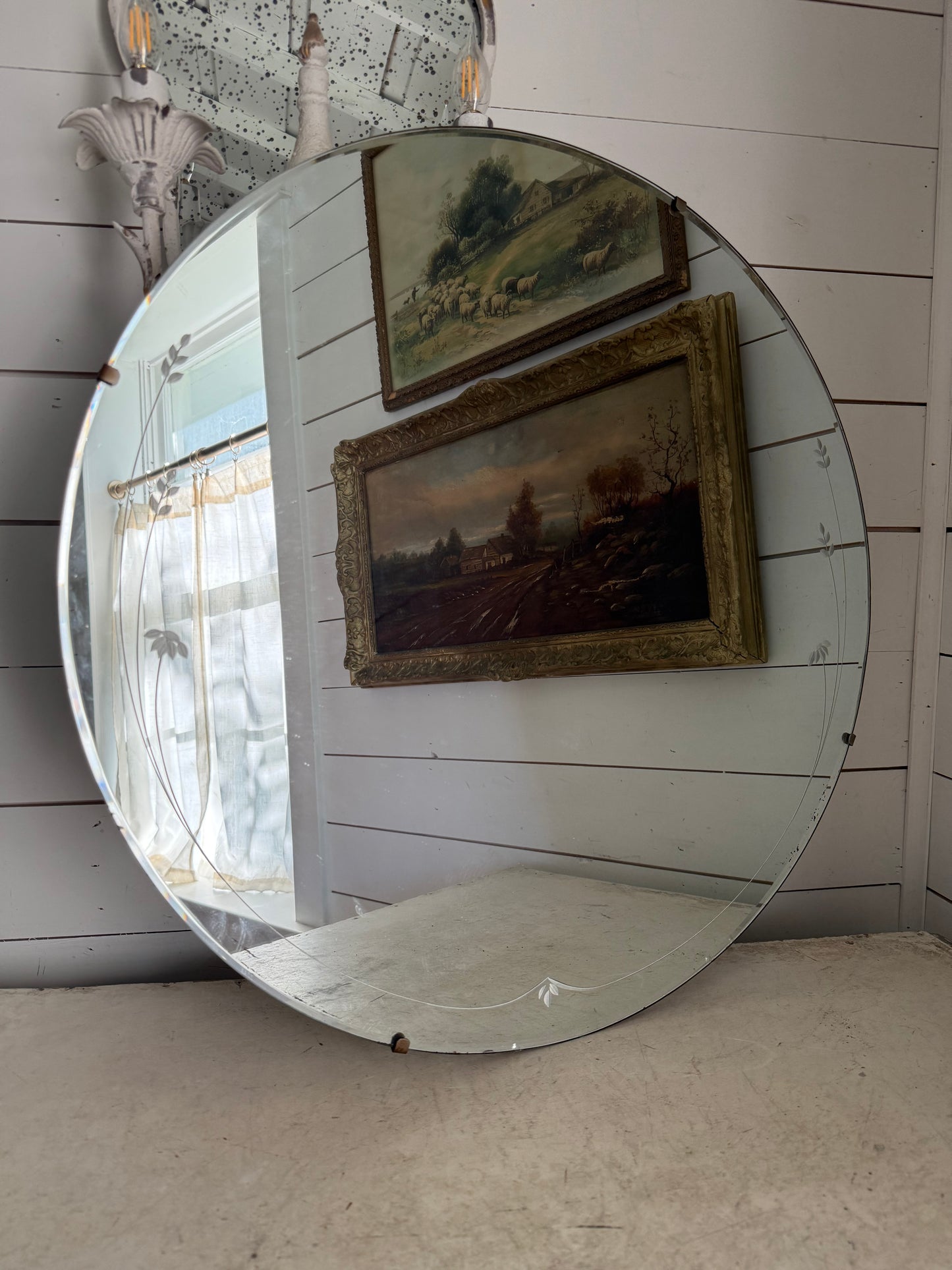 Large Vintage Mid Century Mirror with Floral Etching