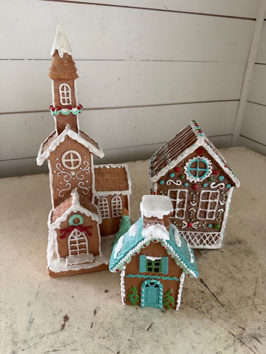 Set of three glittered Christmas houses