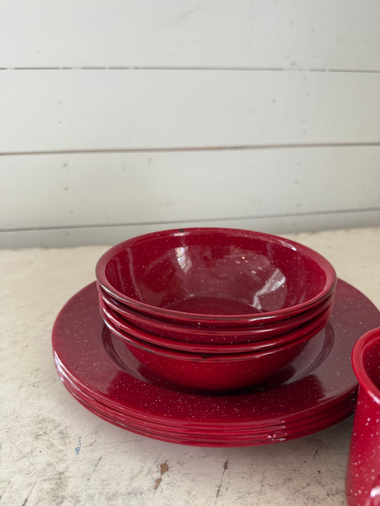 Vintage red and white enamelware sold individually
