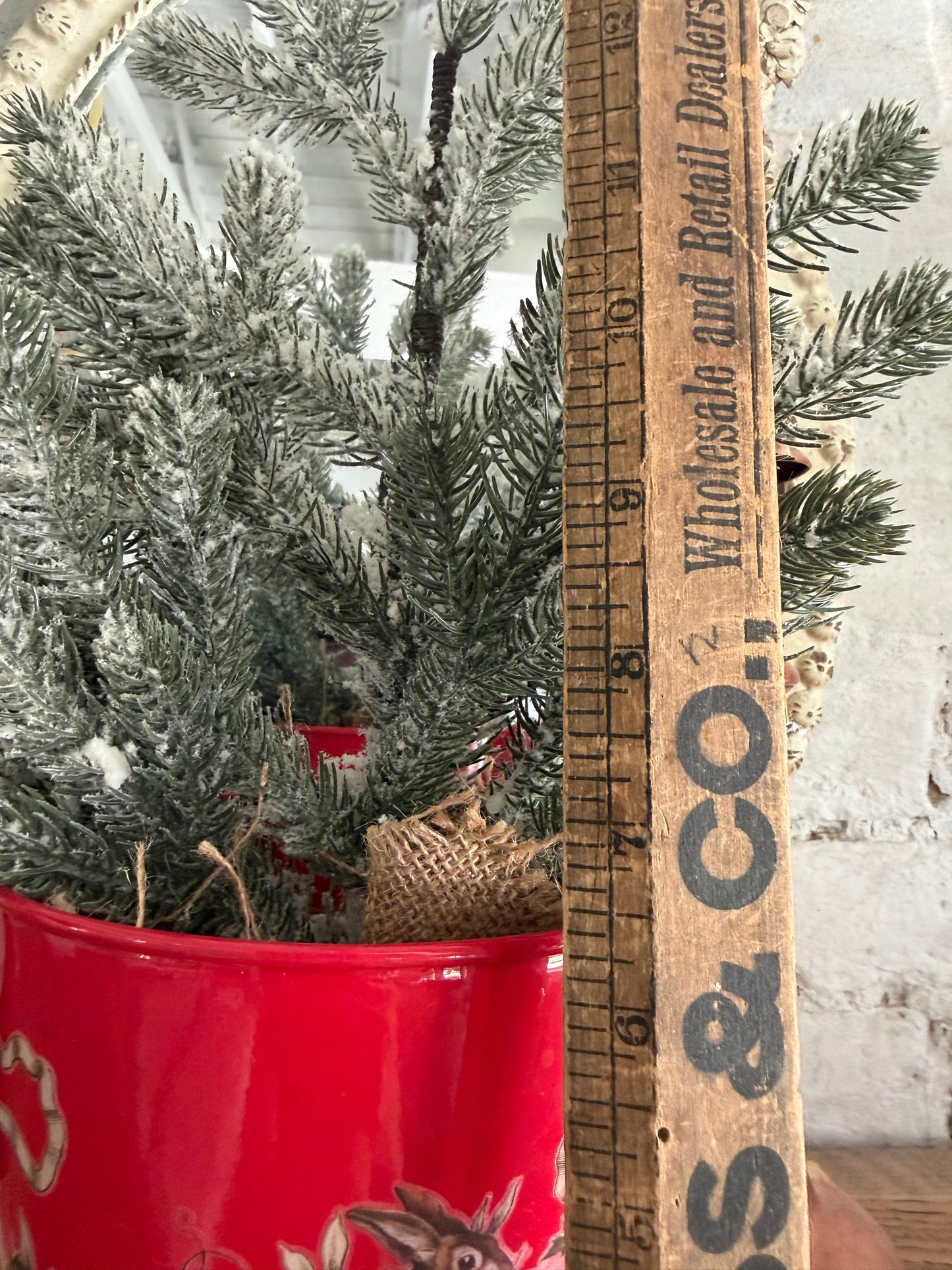 Red Enamel Bucket with handles and holiday transfer greenery not included