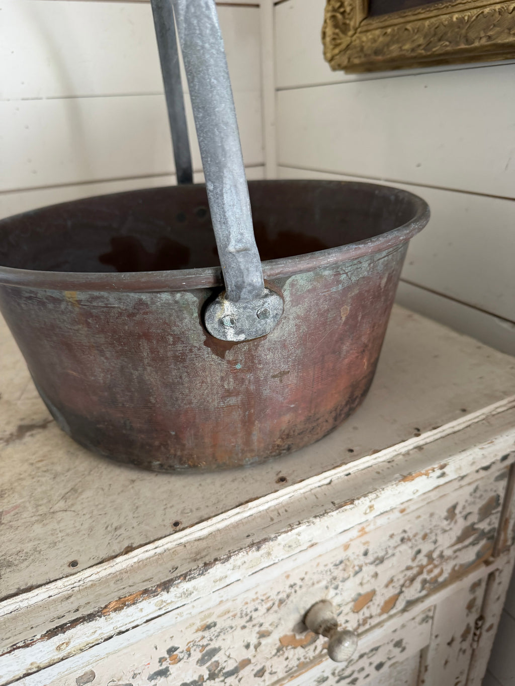 Antique French 1800’s Copper Cauldron With forged Iron Handle has repairs as shown