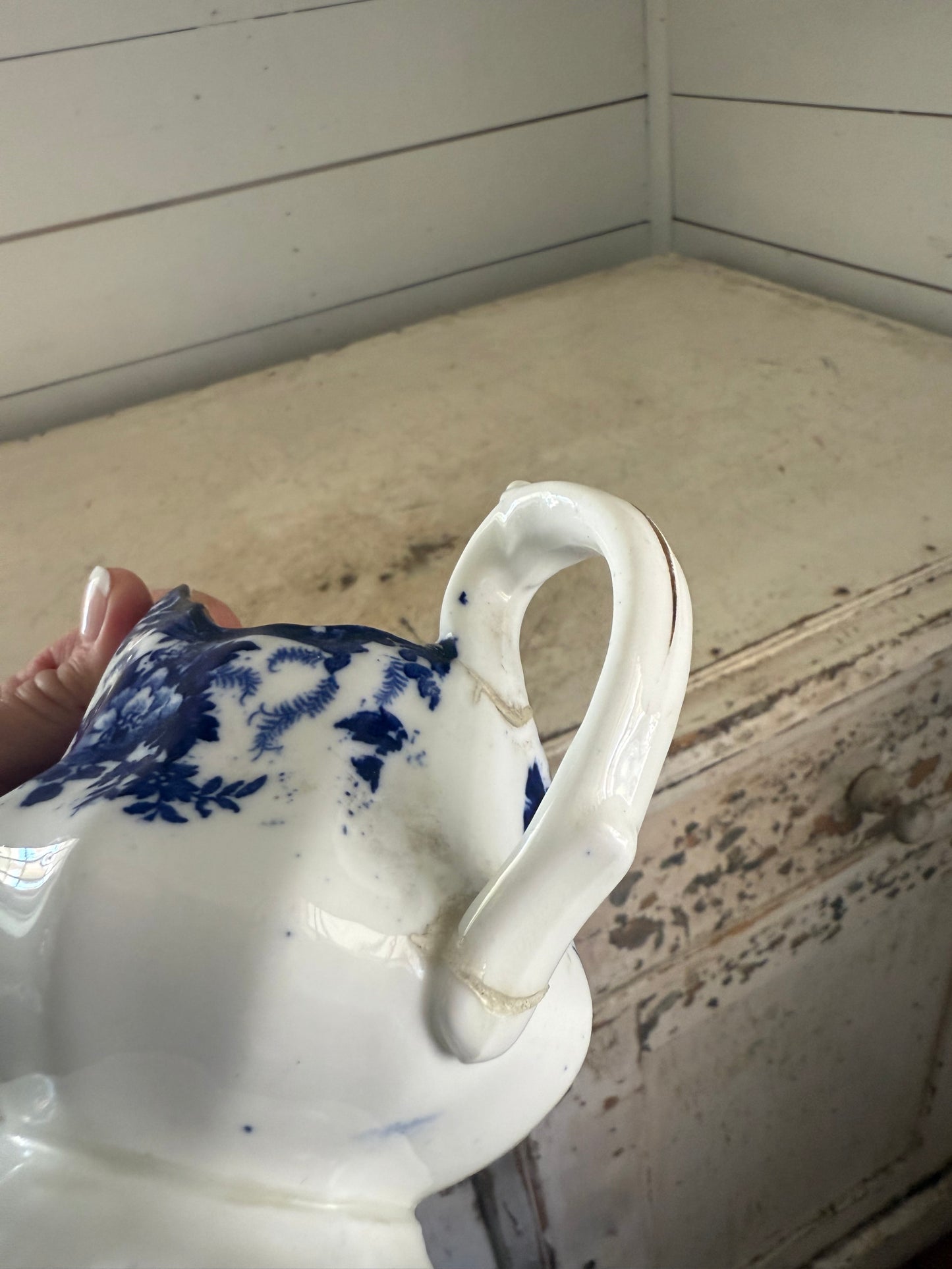 Antique flow blue creamer small pitcher handle has been glued back on