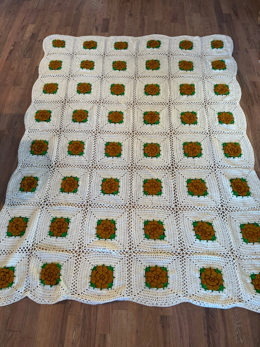 Full Size Granny Square Afghan Cream, Mustard and Green