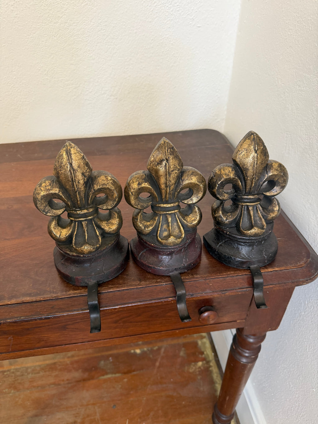 Stocking Holders ornate, distressed gold and dark brown fleur-de-lis SOLD INDIVIDUALLY