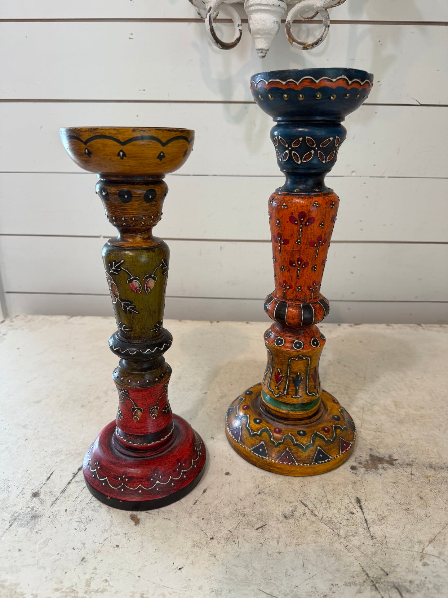 Hand-painted folk art candlestick set