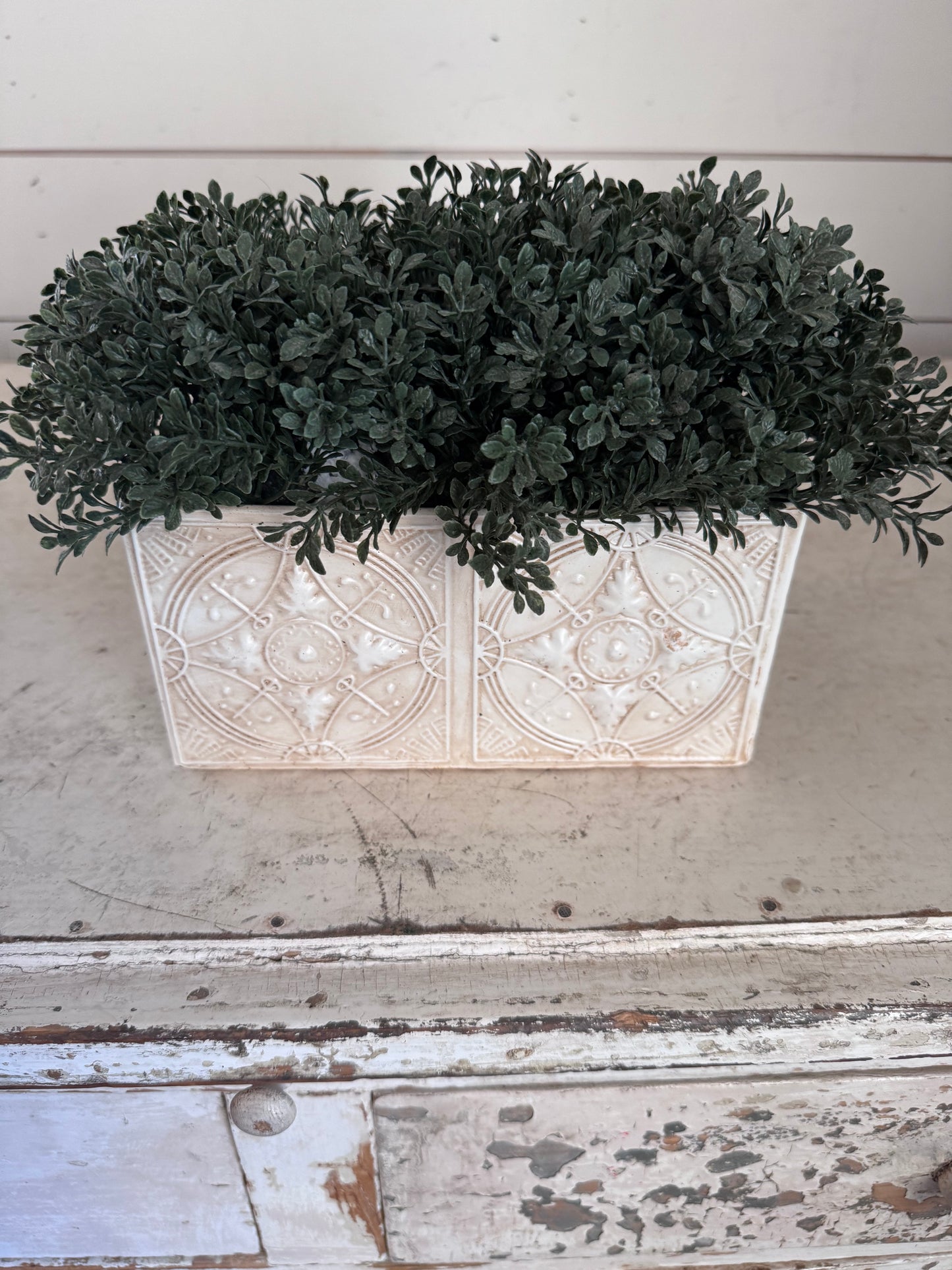 Faux boxwood Pressed Tin Planter - planter will be painted