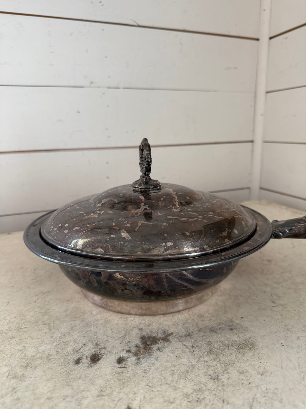 Vintage Silver Plate Round Chafing Dish Wood Handle