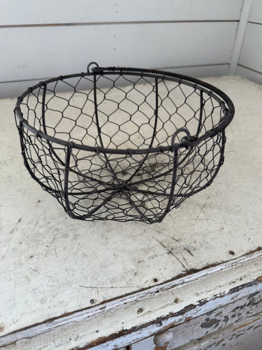 Round chicken wire basket with wire wrapped handle