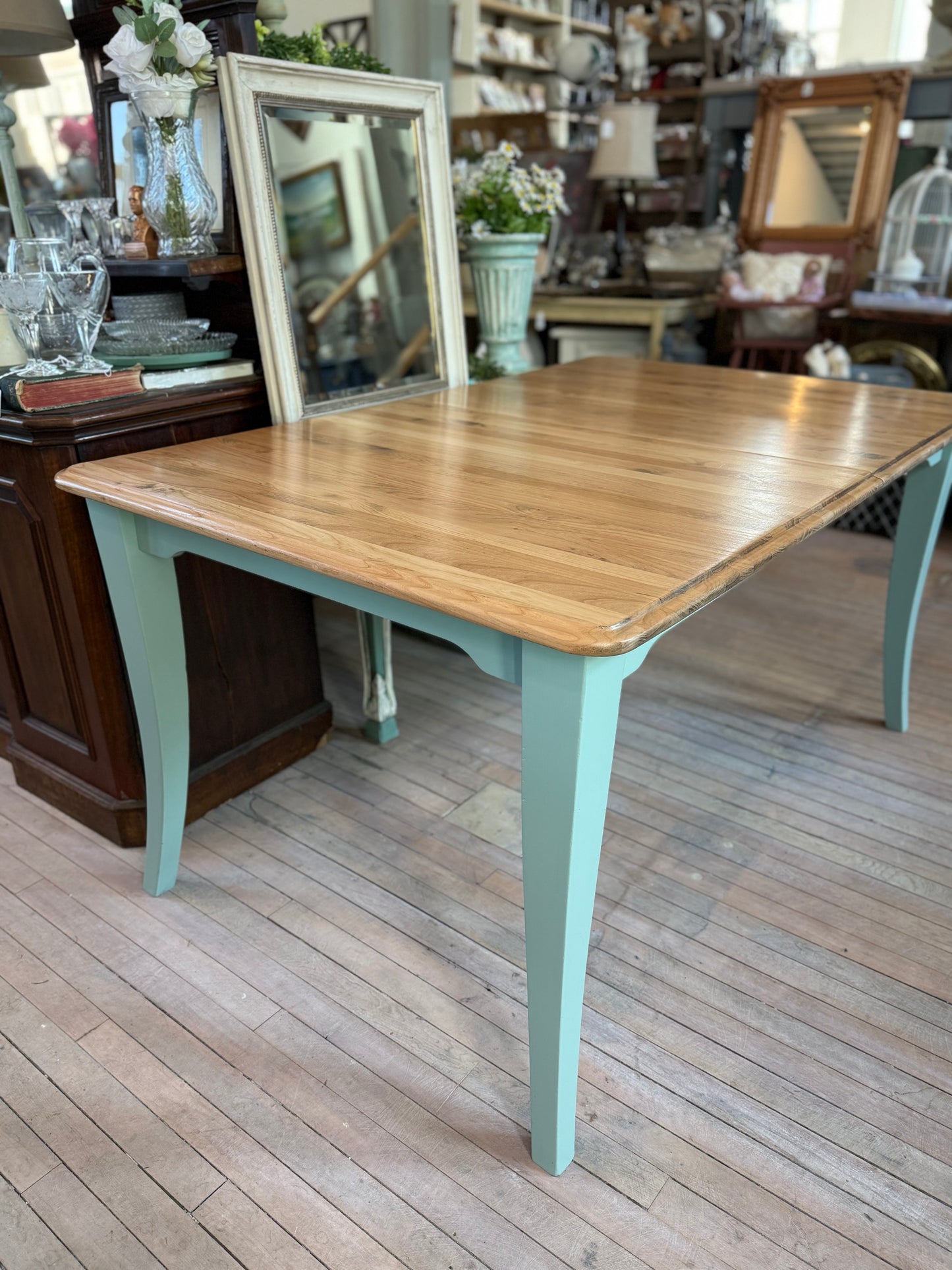 Farmhouse Table - Refinished with natural wood top and Apothecary base - Solid wood and sturdy 30.5”x20”x29”