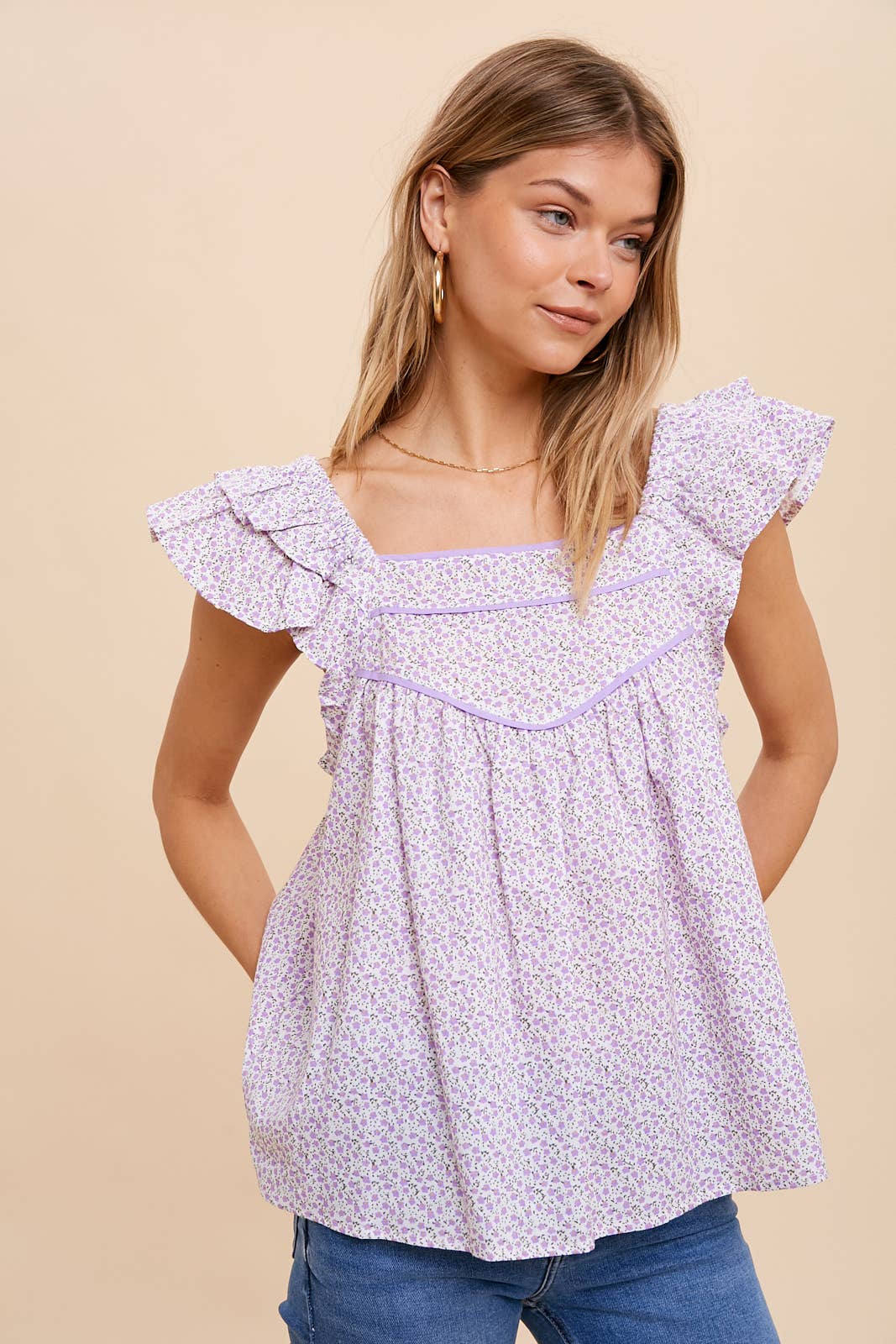 Lavender Ruffle Sleeve Cotton Blouse