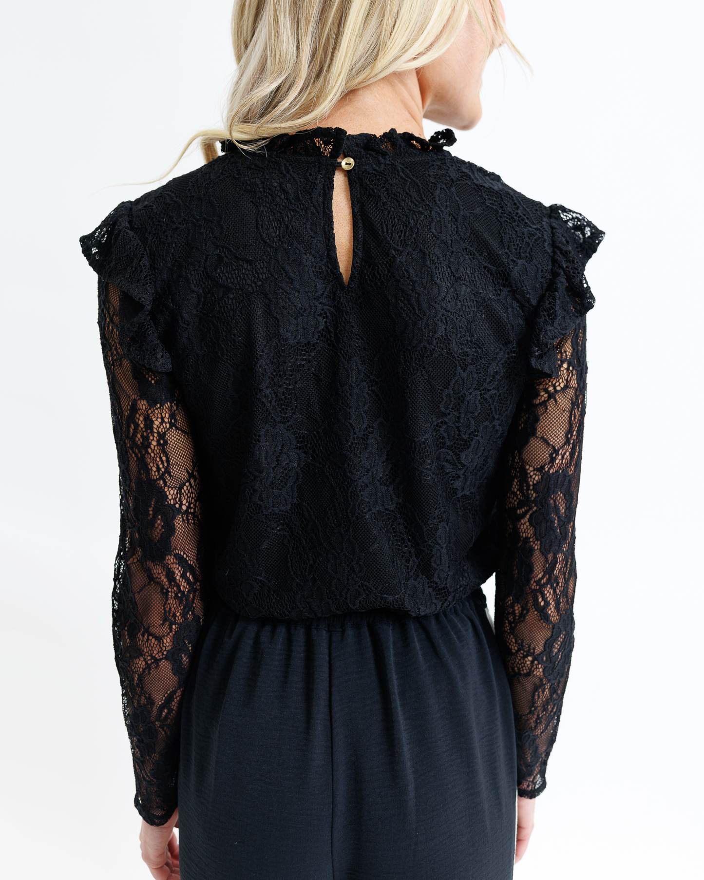 Robyn Black Lace Long Sleeve Ruffled Top
