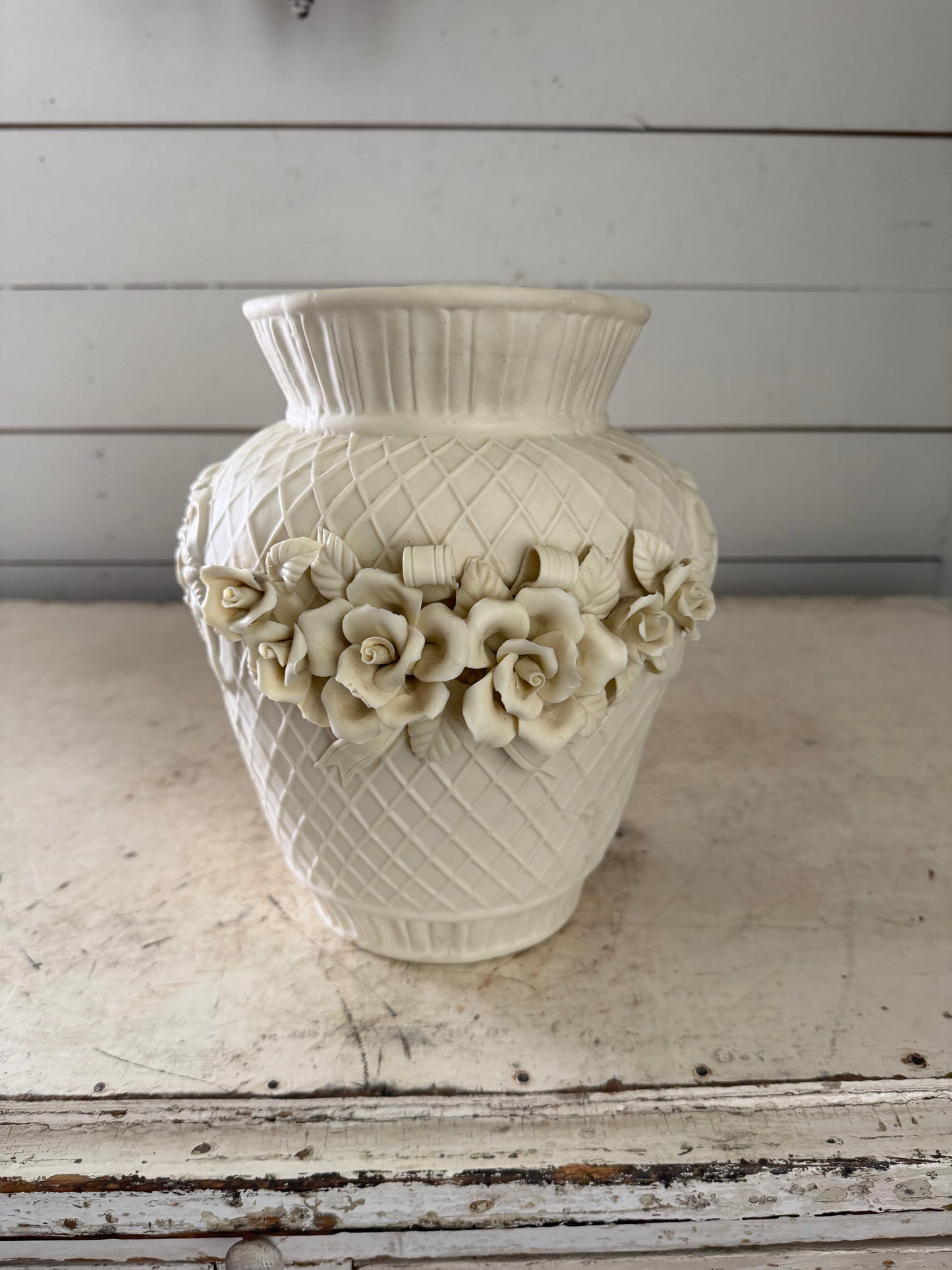 Vintage Ivory Bisque Vase With Floral Detail 9-1/2” tall - Will get makeover