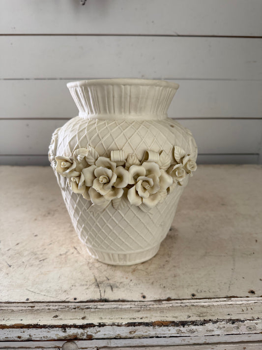 Vintage Ivory Bisque Vase With Floral Detail 9-1/2” tall - Will get makeover
