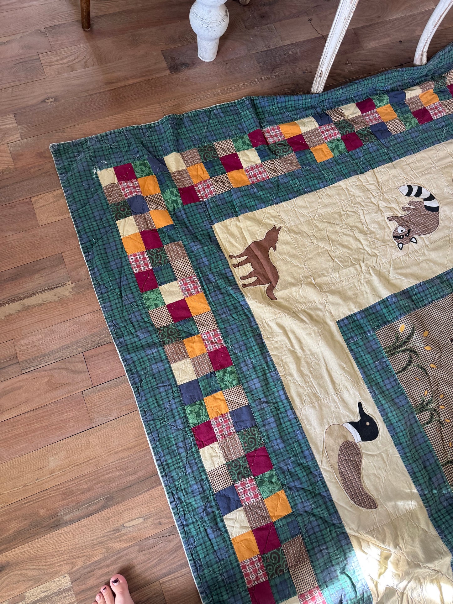 Queen Size cabin Woodland Pieced Quilt - perfectly shabby faded and worn rips and tear