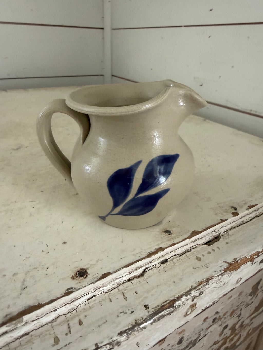 Williamsburg Pottery Mini Salt Glazed Creamer Pitcher w/Blue Leaf