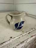 Williamsburg Pottery Mini Salt Glazed Creamer Pitcher w/Blue Leaf