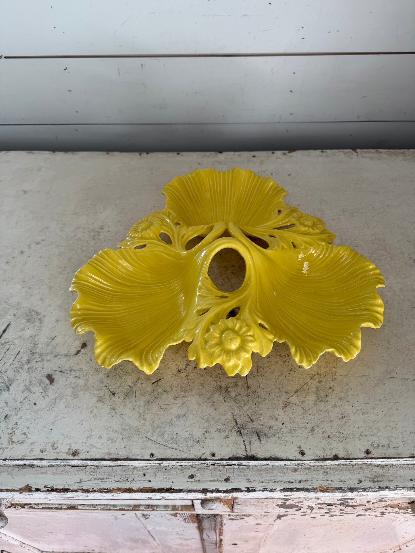 Vintage yellow ceramic dish California Pottery divided leaf relish Tray - Has Some Chips