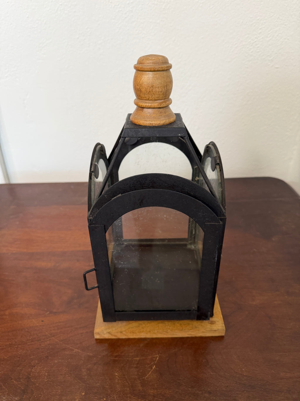 Glass and Metal Lantern with wood finial
