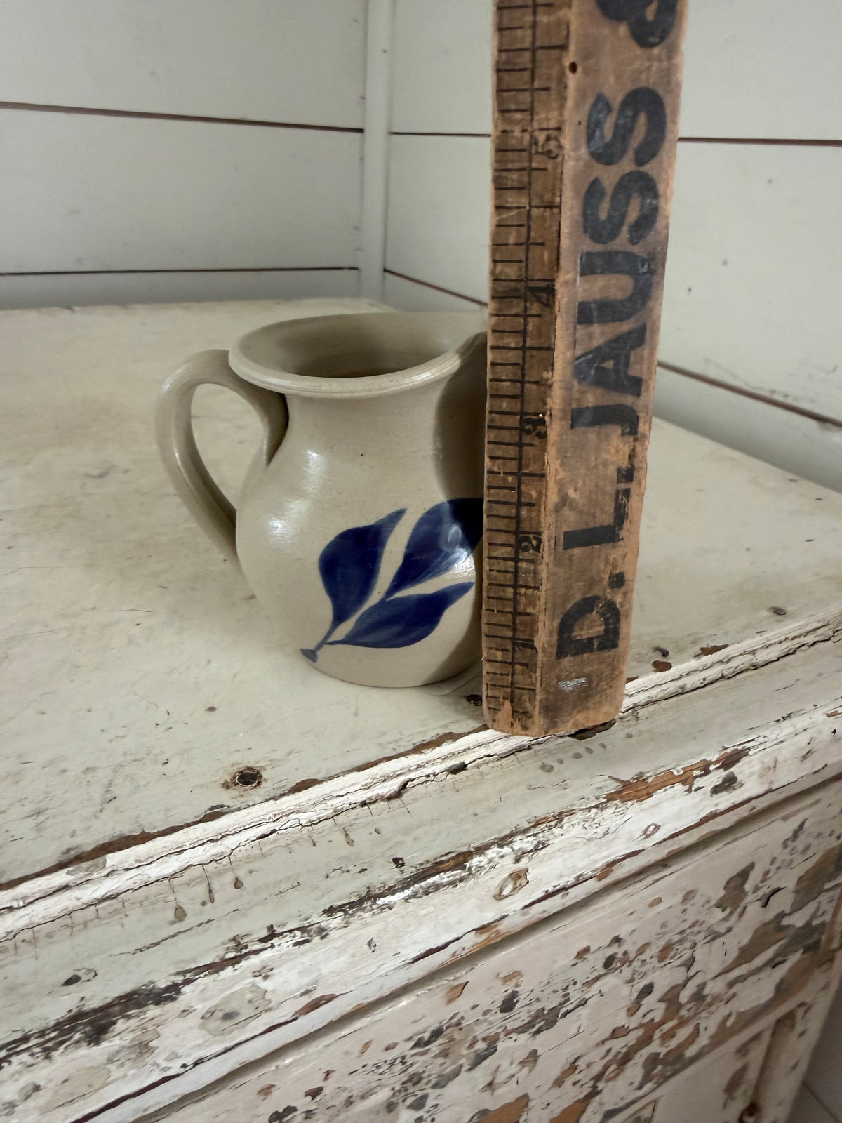 Williamsburg Pottery Mini Salt Glazed Creamer Pitcher w/Blue Leaf