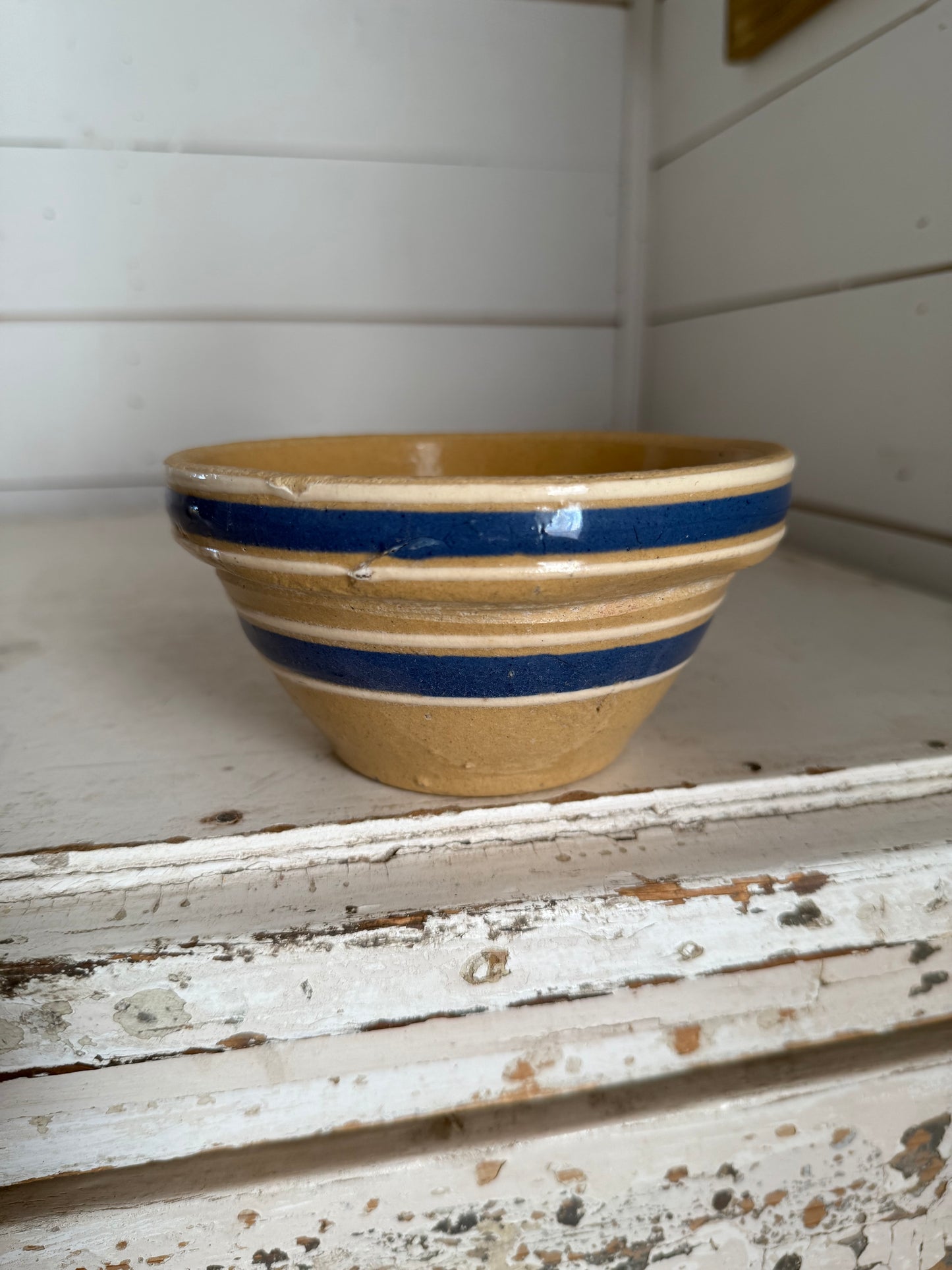 Small Yellowware crock bowl with blue stripe