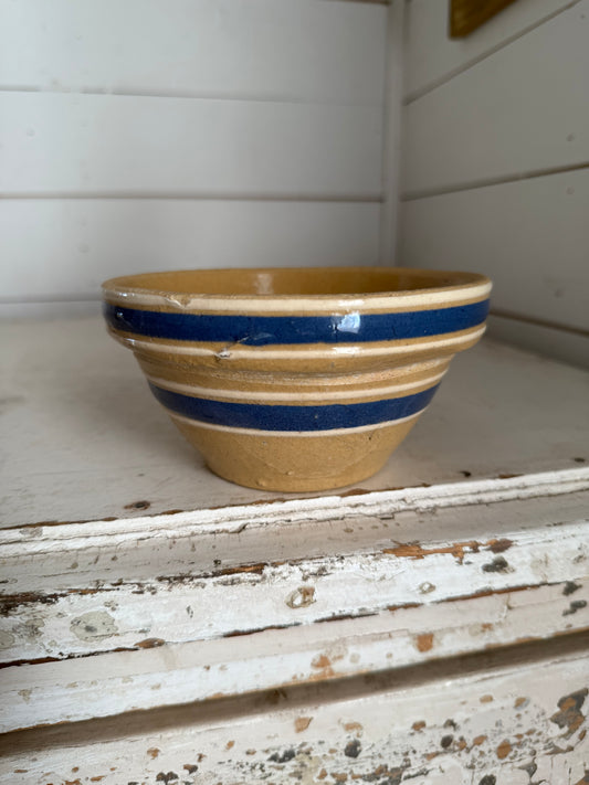 Small Yellowware crock bowl with blue stripe