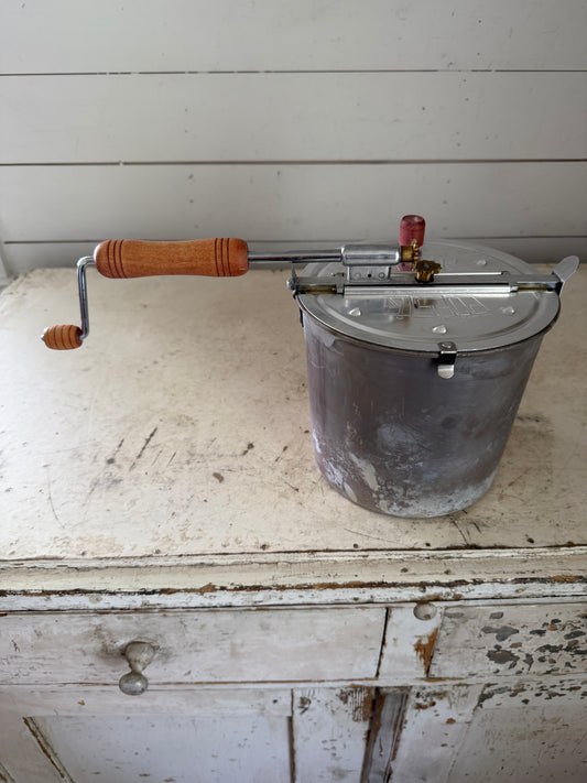 vintage Wabash Valley Farms aluminum stovetop popcorn popper with a hand crank