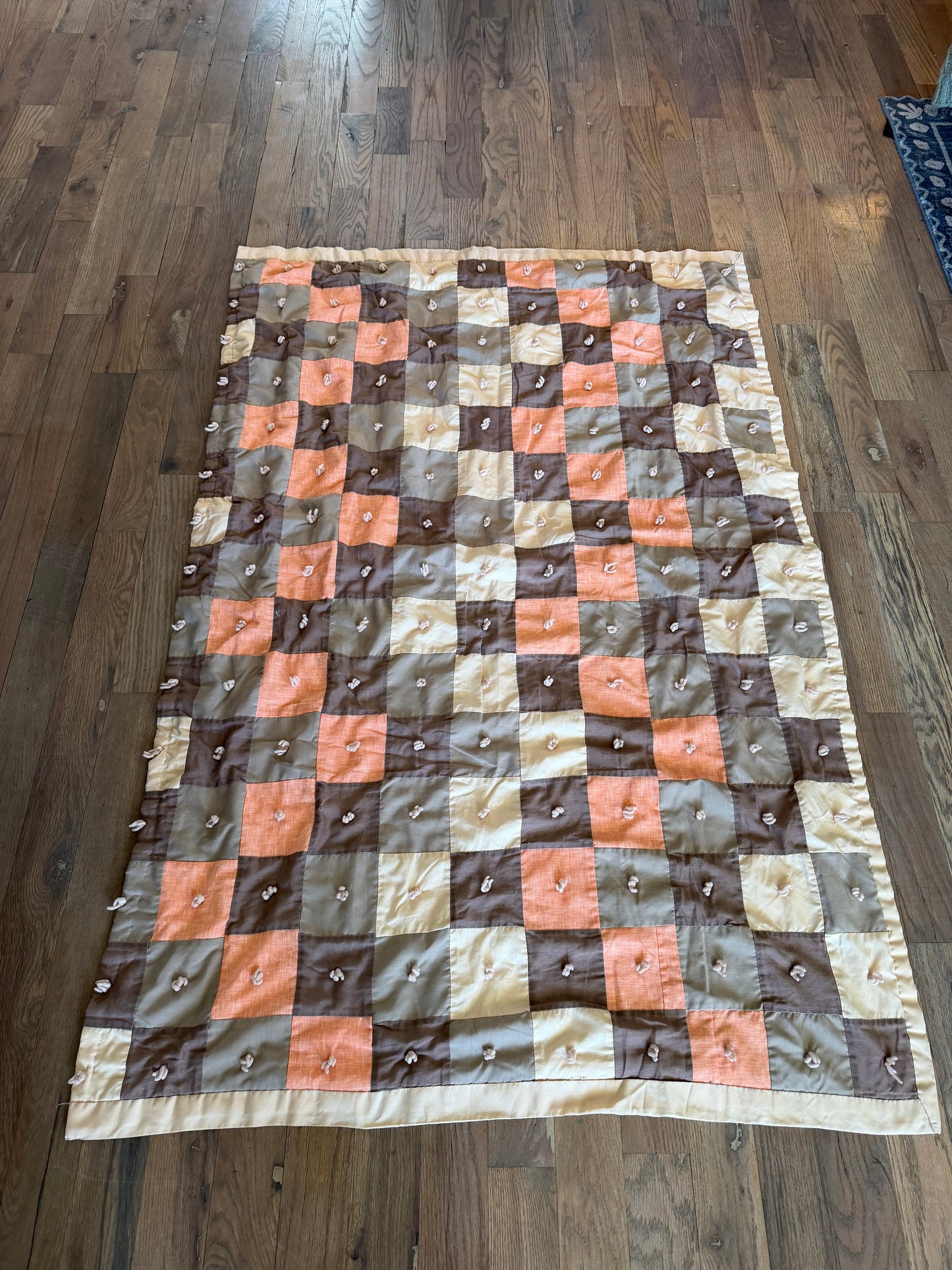 Brown peach and cream hand, stitched patchwork quilt - Crib Size