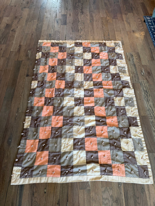 Brown peach and cream hand, stitched patchwork quilt - Crib Size
