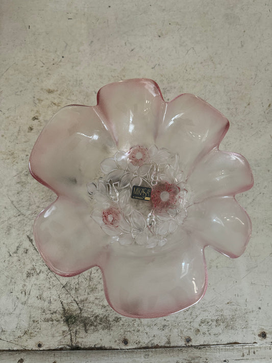 Vintage 1990's Walther Mikasa Crystal Floral Pattern Pink Frosted Glass Bowl 10.75"w x 4.25"h