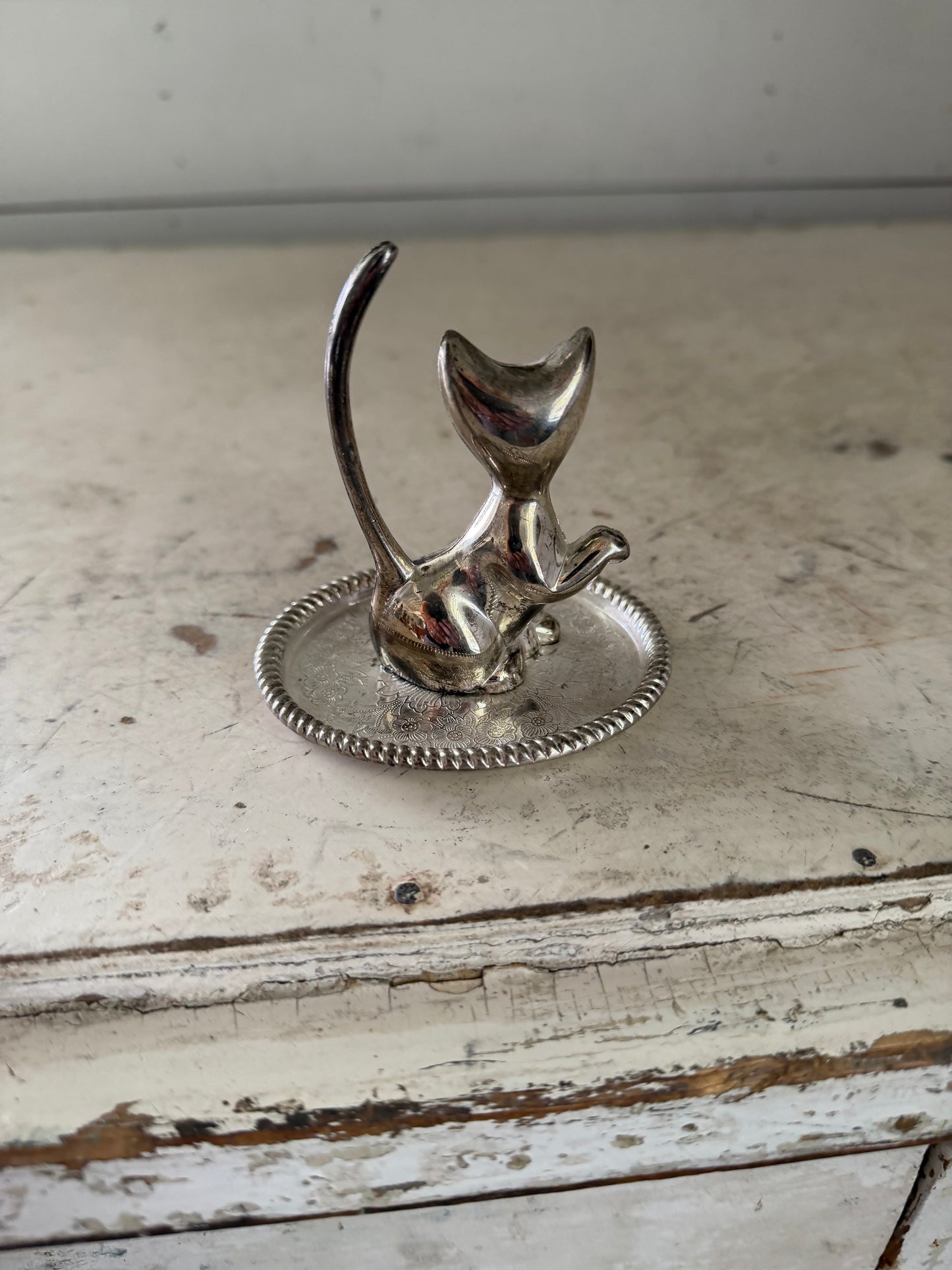 Vintage Silver Cat Ring Holder Trinket Tray Mid Century Modern Feline Vanity