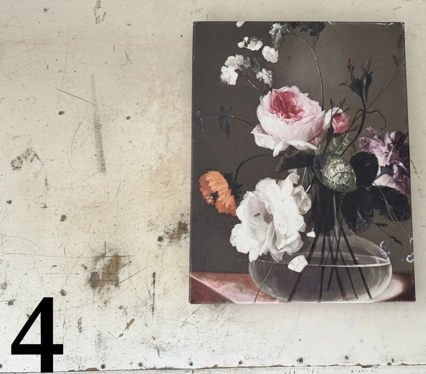 Canvas floral art sold individually will get wood framed with salvage wood