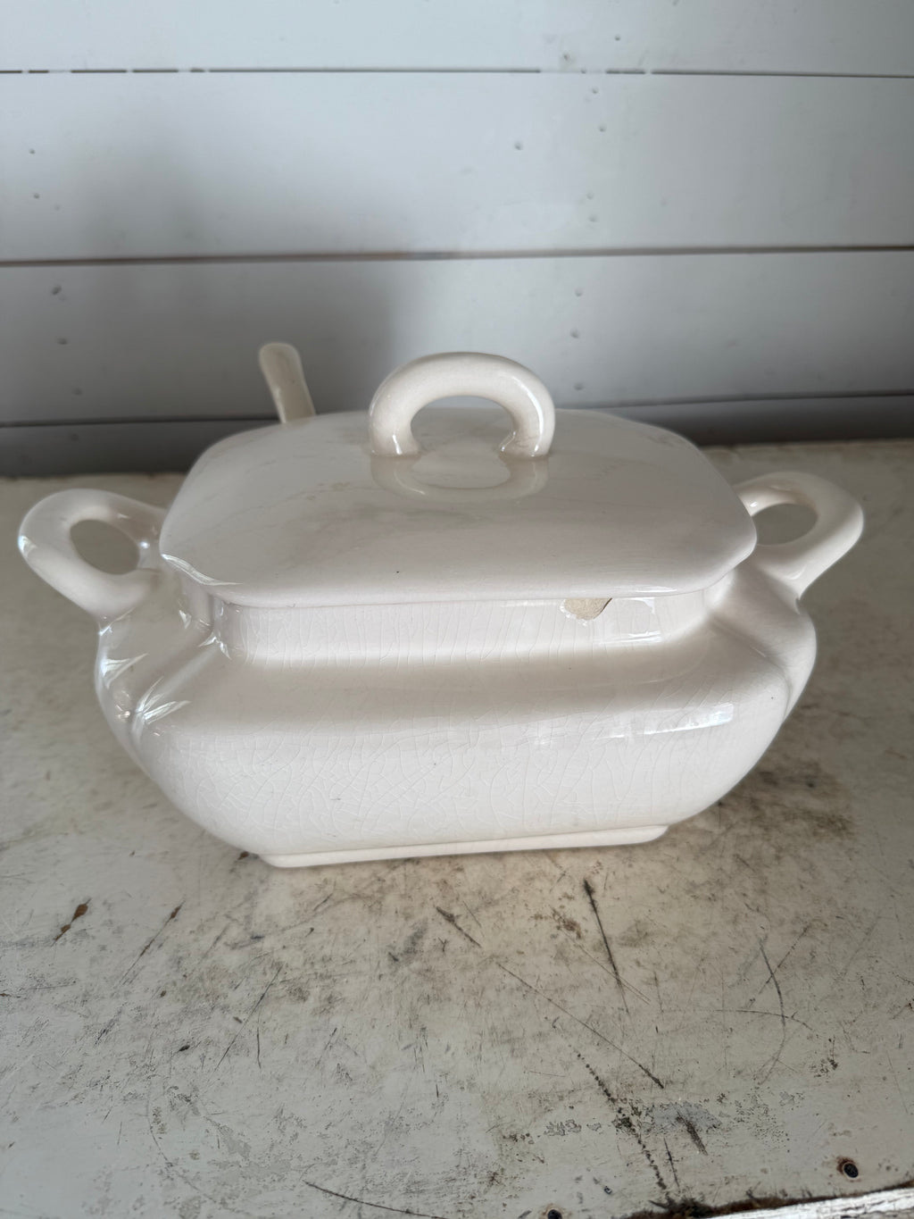 USA Pottery Cream Soup Tureen With Spoon - Has a chip