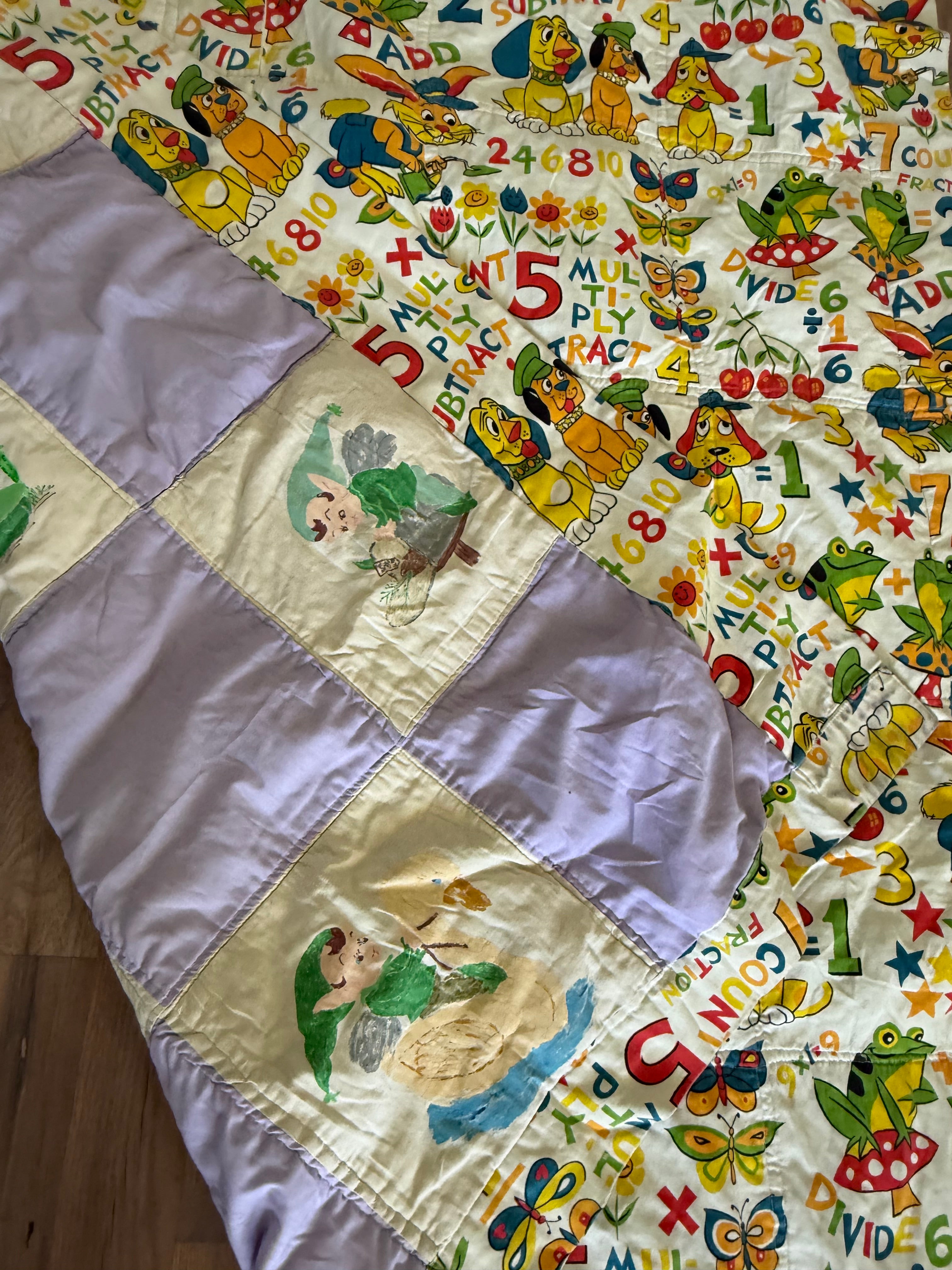 Twin Vintage 1970’s Baby Mathematic Quilt - hand painted on back