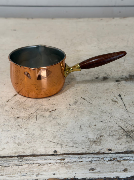 Tiny Vintage Copper Pot With Brass and Wooden Handle Portugal