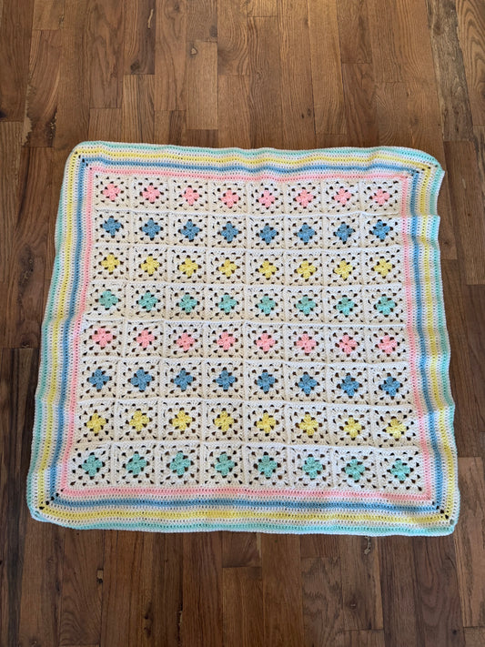 Granny Square pink, blue, teal and yellow Afghan