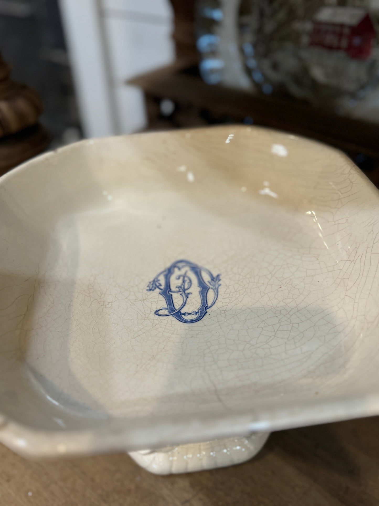 French Longchamp Monogram Ironstone pedastal server with lid