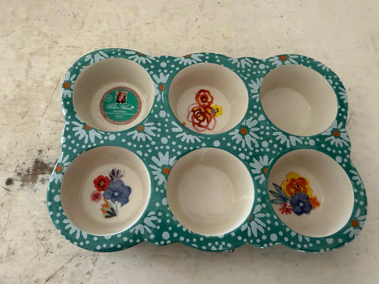 Pioneer Woman Flea Market Floral Teal Ceramic 6 Muffin Pan Farmhouse Style