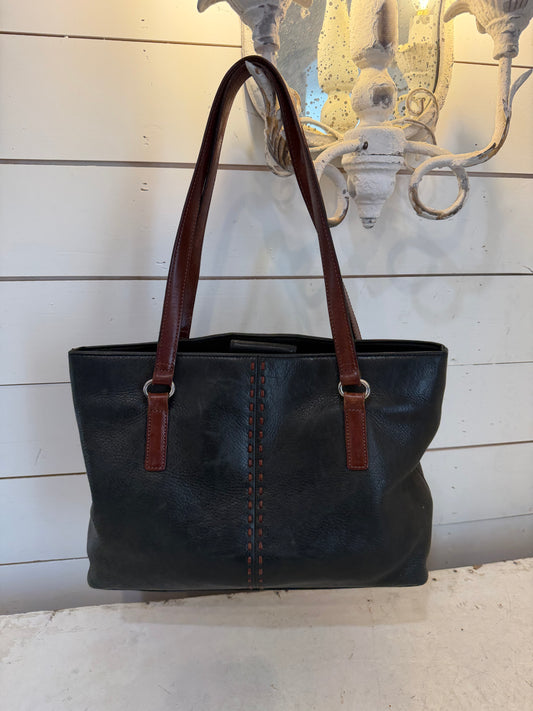 Fossil Dark Green Leather Handbag W/ Rich Brown Handles & Decorative Stitching