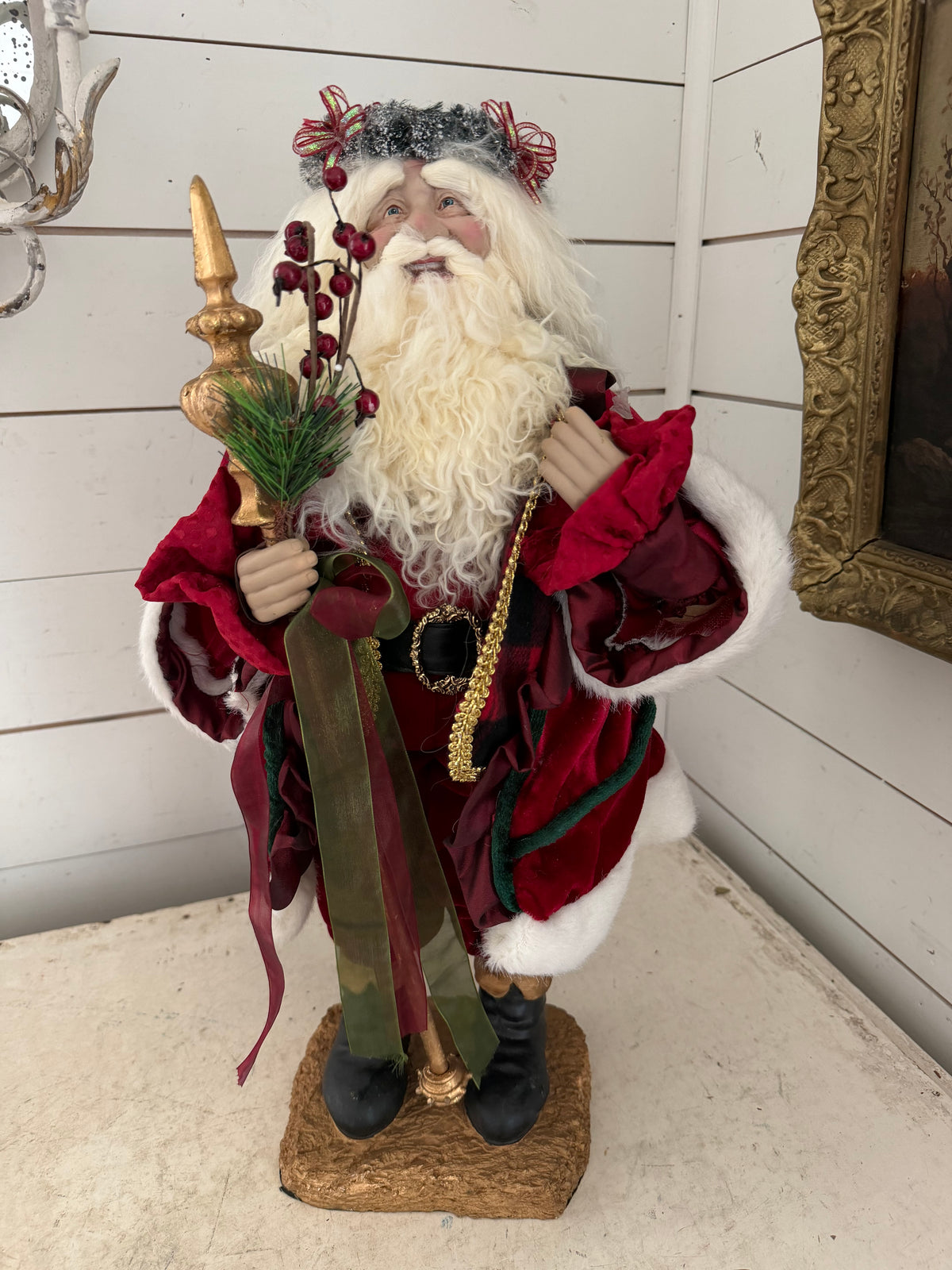 Vintage Santa Claus Doll 21" Tall Red & White with Gold Accents St. Nicholas Christmas Decor