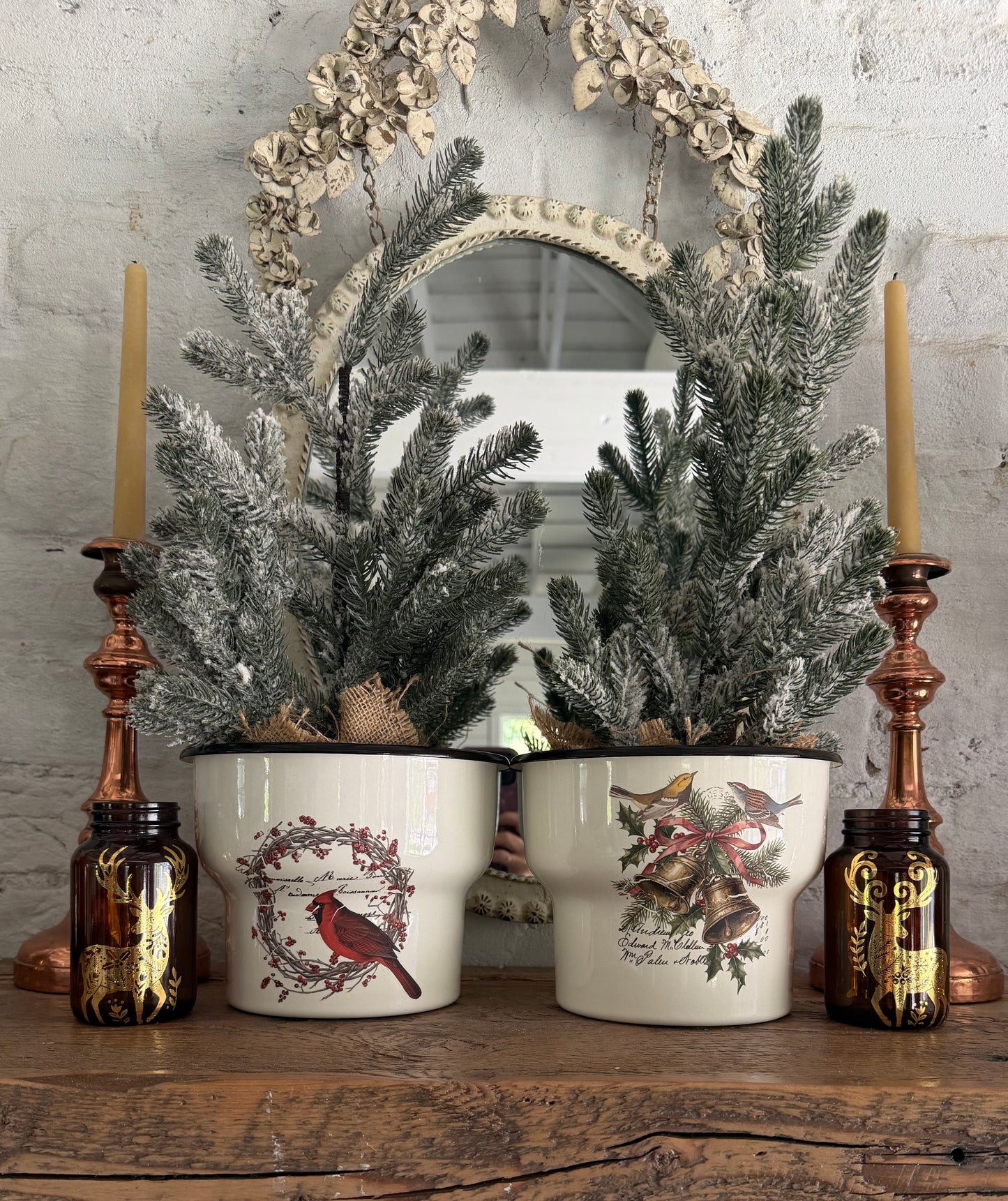 White Enamel Canister with Holiday Transfer - sold individually greenery not included