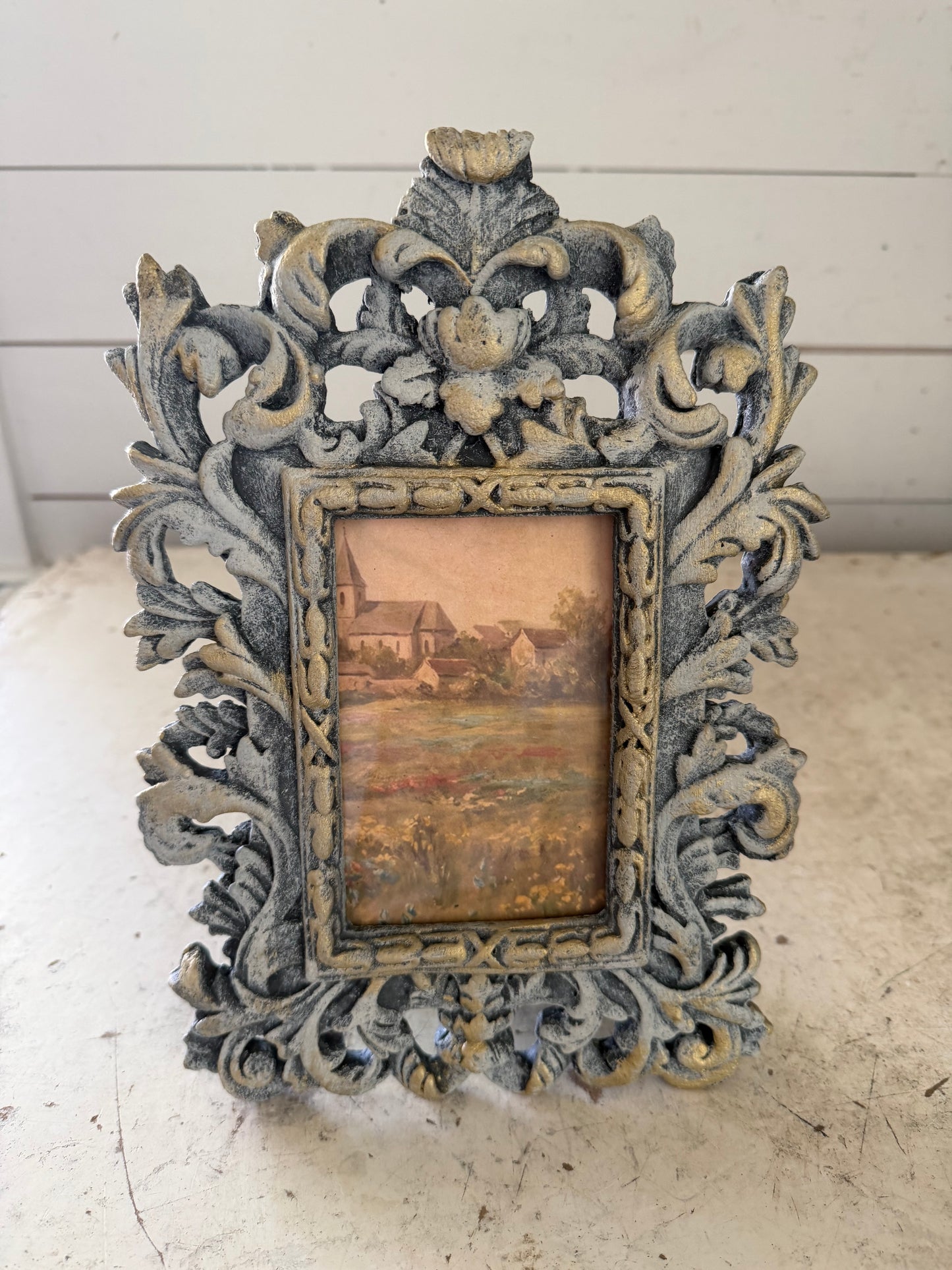Ornate Frame Swag on Top with Old Church Print