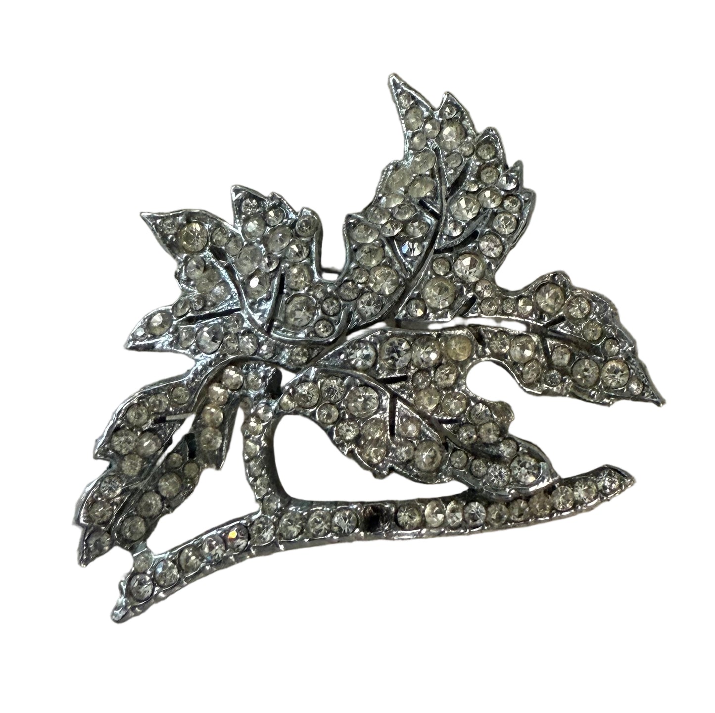 Art Nouveau rhinestone leaf brooch - as is