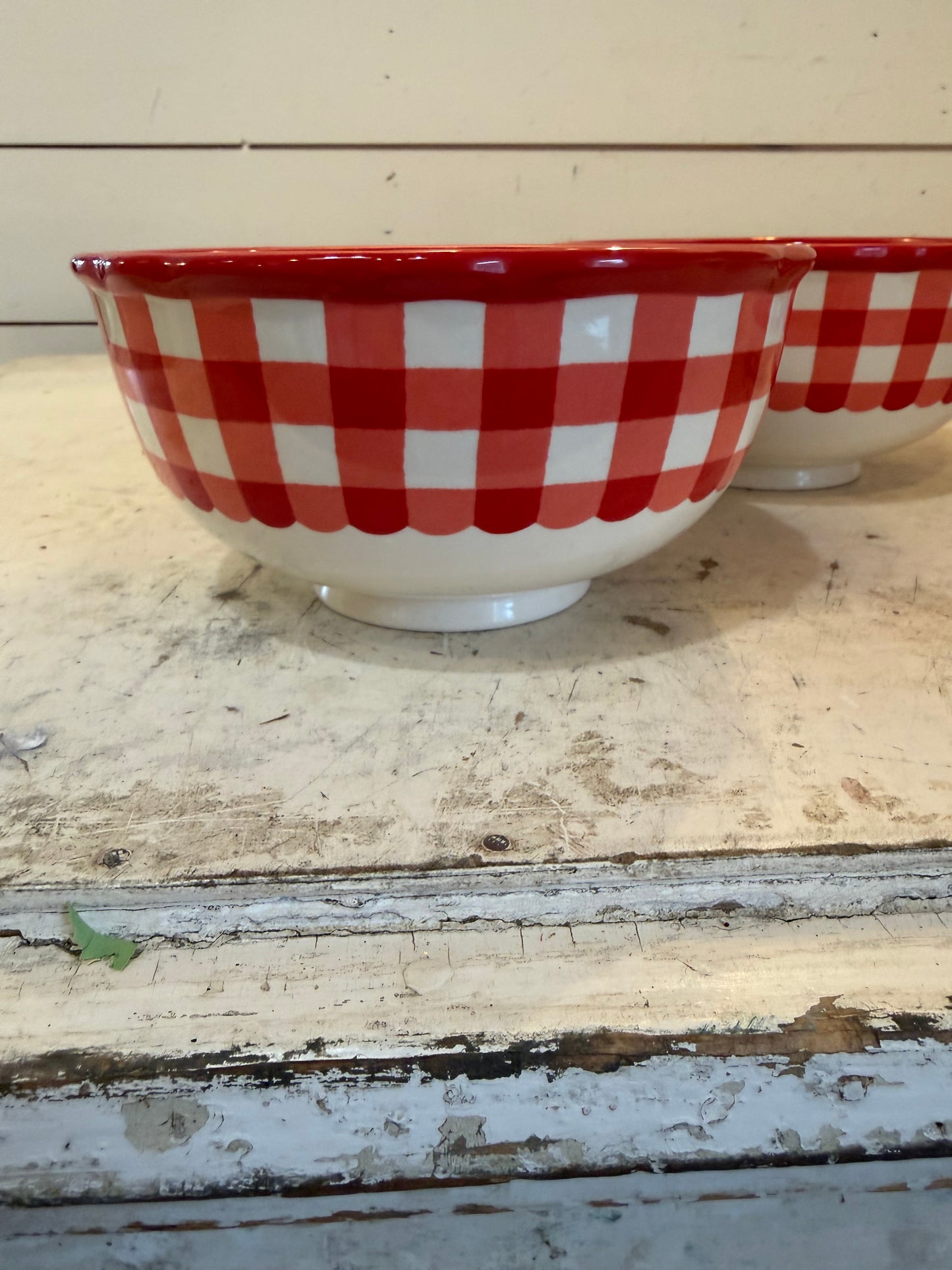 Pioneer Woman Red Gingham Bowls Set Of 4 ~ Vintage Scalloped Ceramic
