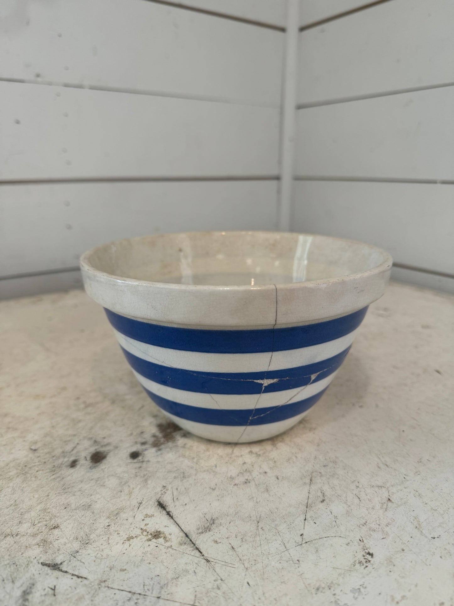 Antique blue stripe cornishware cracks have been repaired