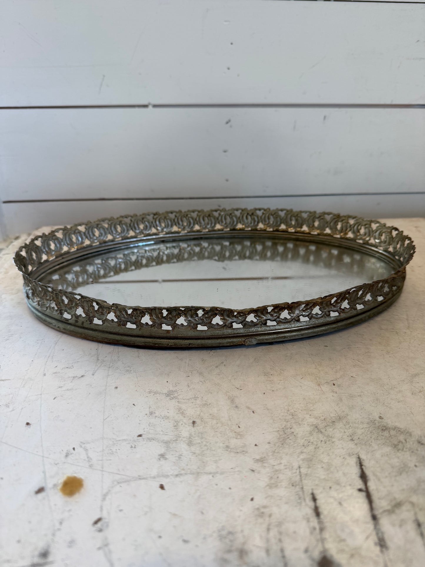 Vintage oval Silver Plate filigree mirrored vanity tray