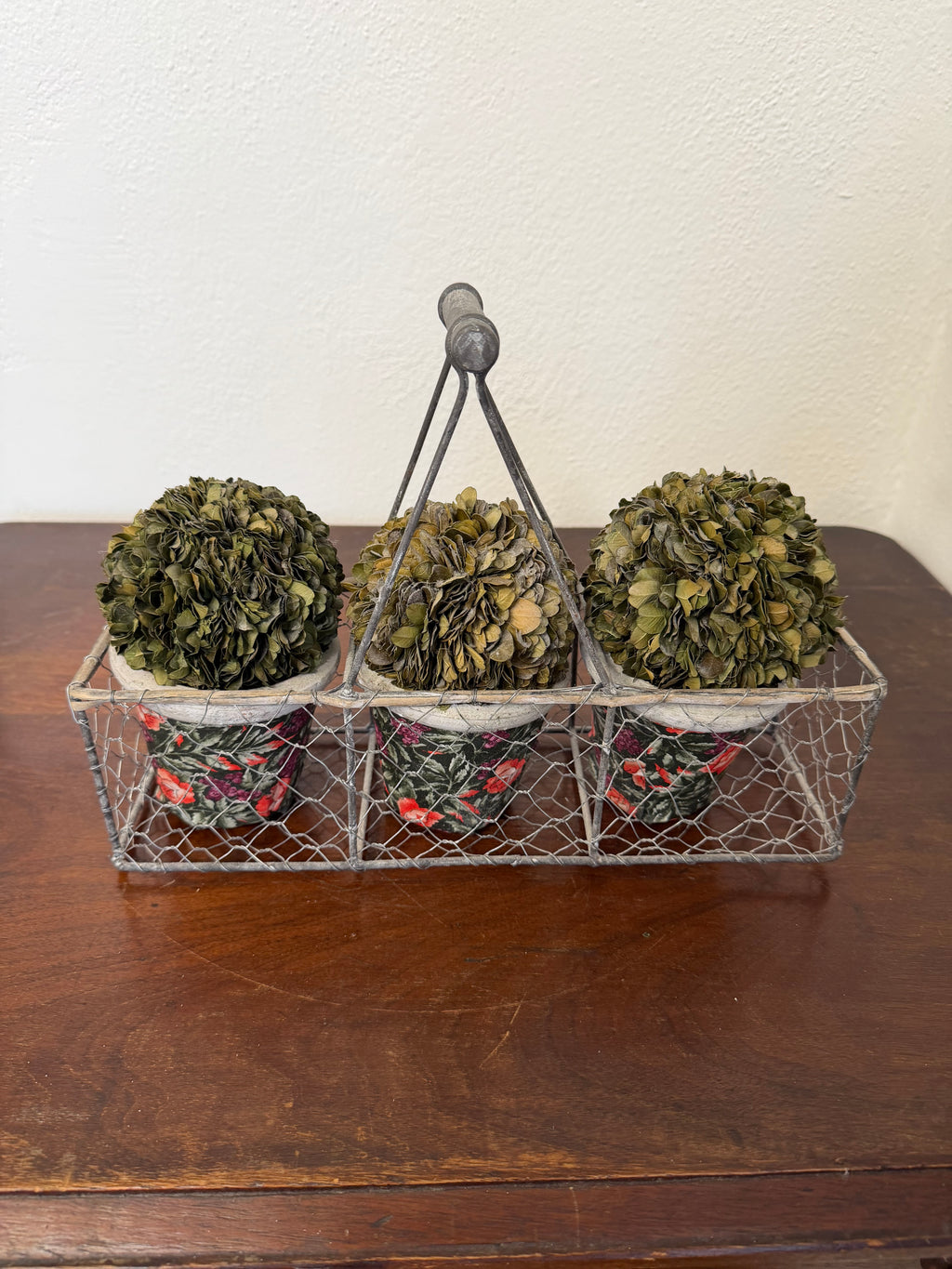 Farmhouse Style Basket With 3 Preserved Boxwood Planters