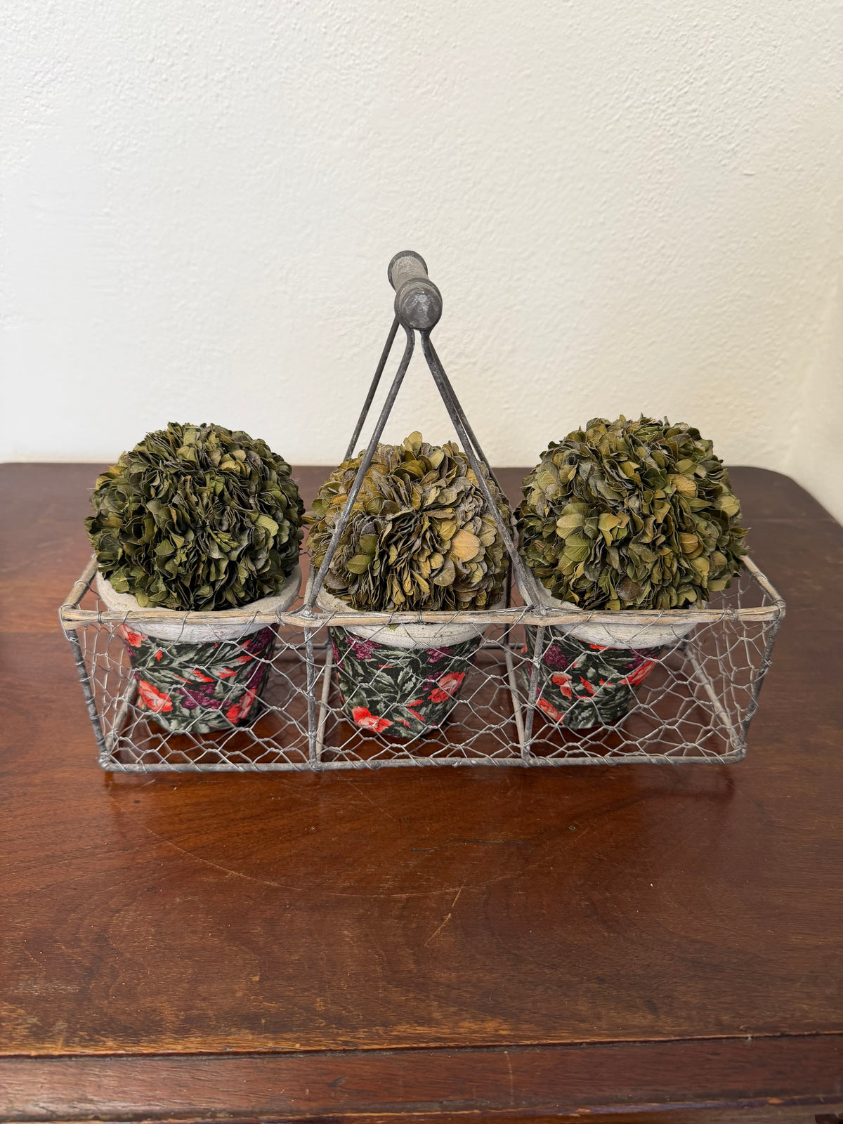 Farmhouse Style Basket With 3 Preserved Boxwood Planters